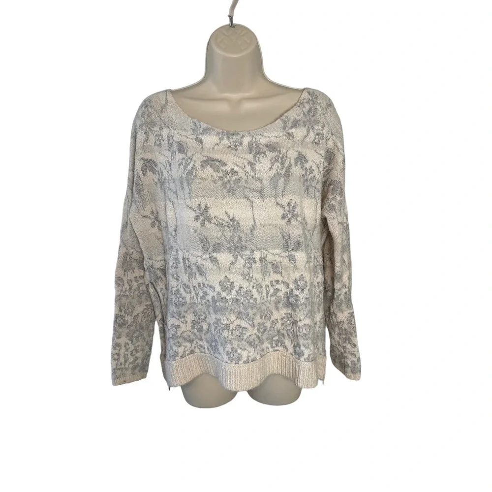 Free People Floral Jacquard Knit Side Zip Sweater‎ Cream Grey Womens Medium